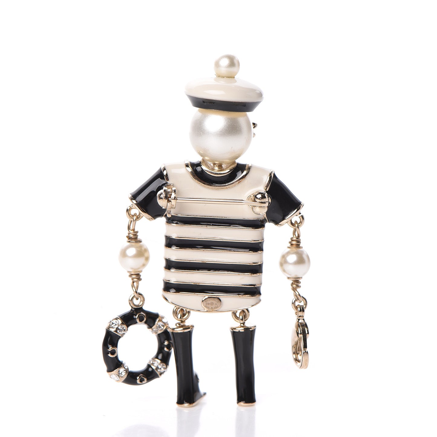 Enamel Crystal Pearl CC Sailor Brooch Black White