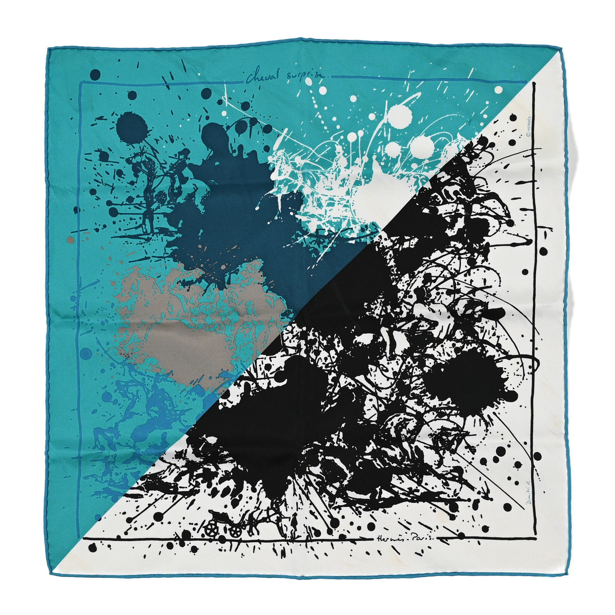 Hermes Silk Cheval Surprise Remix Pocket Square 45 Turquoise White Black 1 of 3
