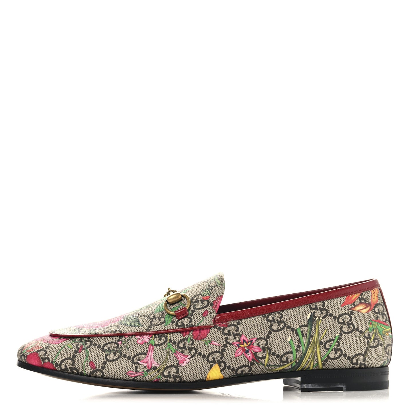 Canvas GG Monogram Flora Horsebit Womens Jordaan Loafers 39 Beige Ebony Multicolor Rosso