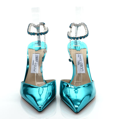 Jimmy Choo Liquid Metal Calfskin Crystal Saeda 100 Pumps 37.5 Malibu 2 of 7