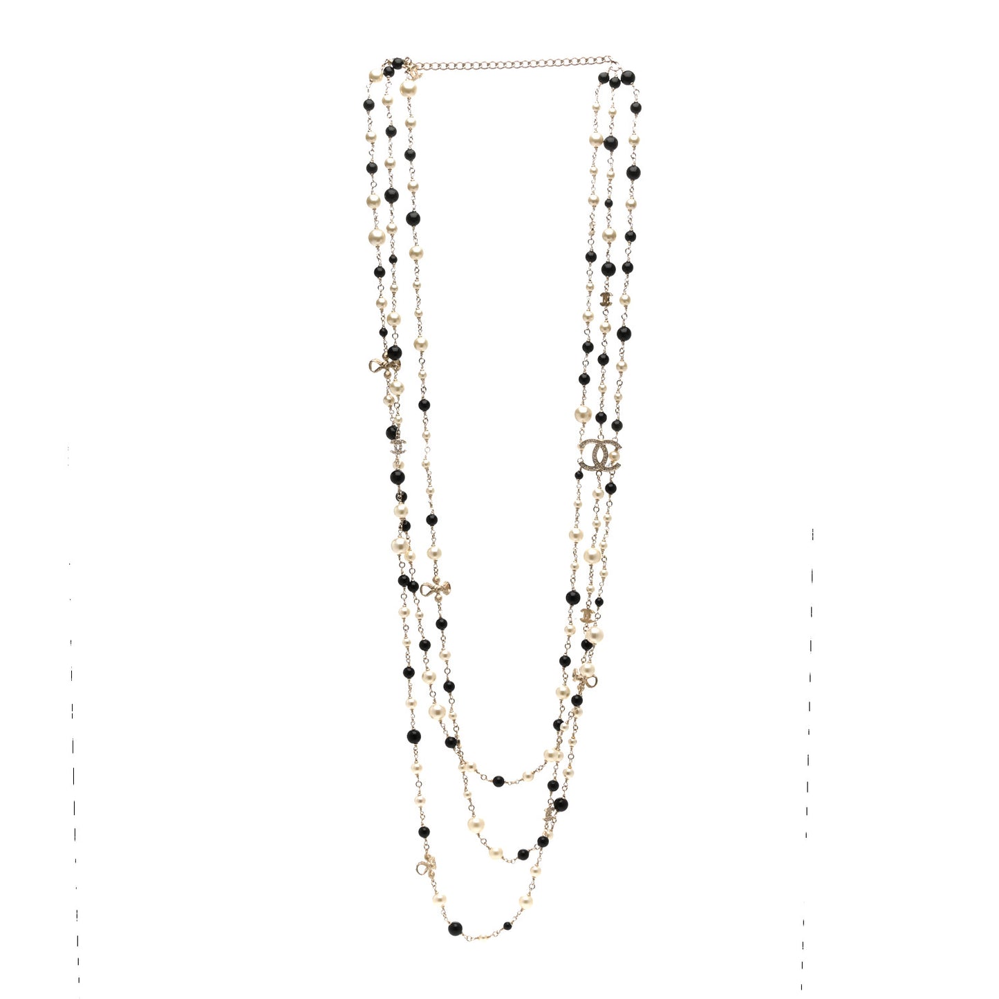 Pearl Bead Crystal CC Multi Strand Long Necklace Light Gold Black