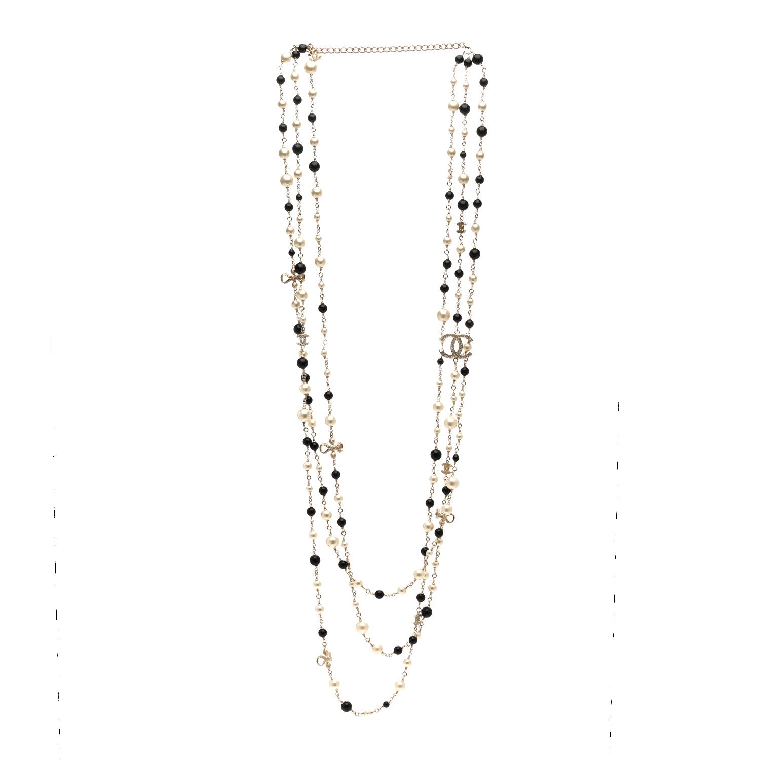 Chanel Pearl Bead Crystal CC Multi Strand Long Necklace Light Gold Black 3 of 5