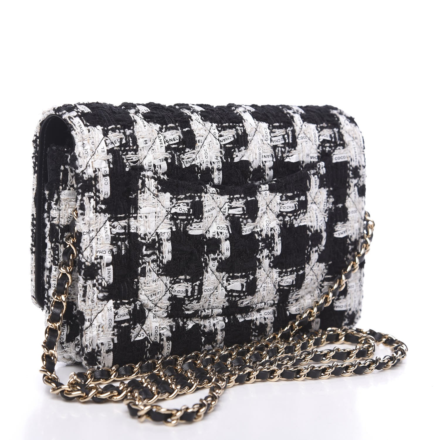 Chanel Tweed Quilted Wallet On Chain WOC Black Ecru White 2 of 10