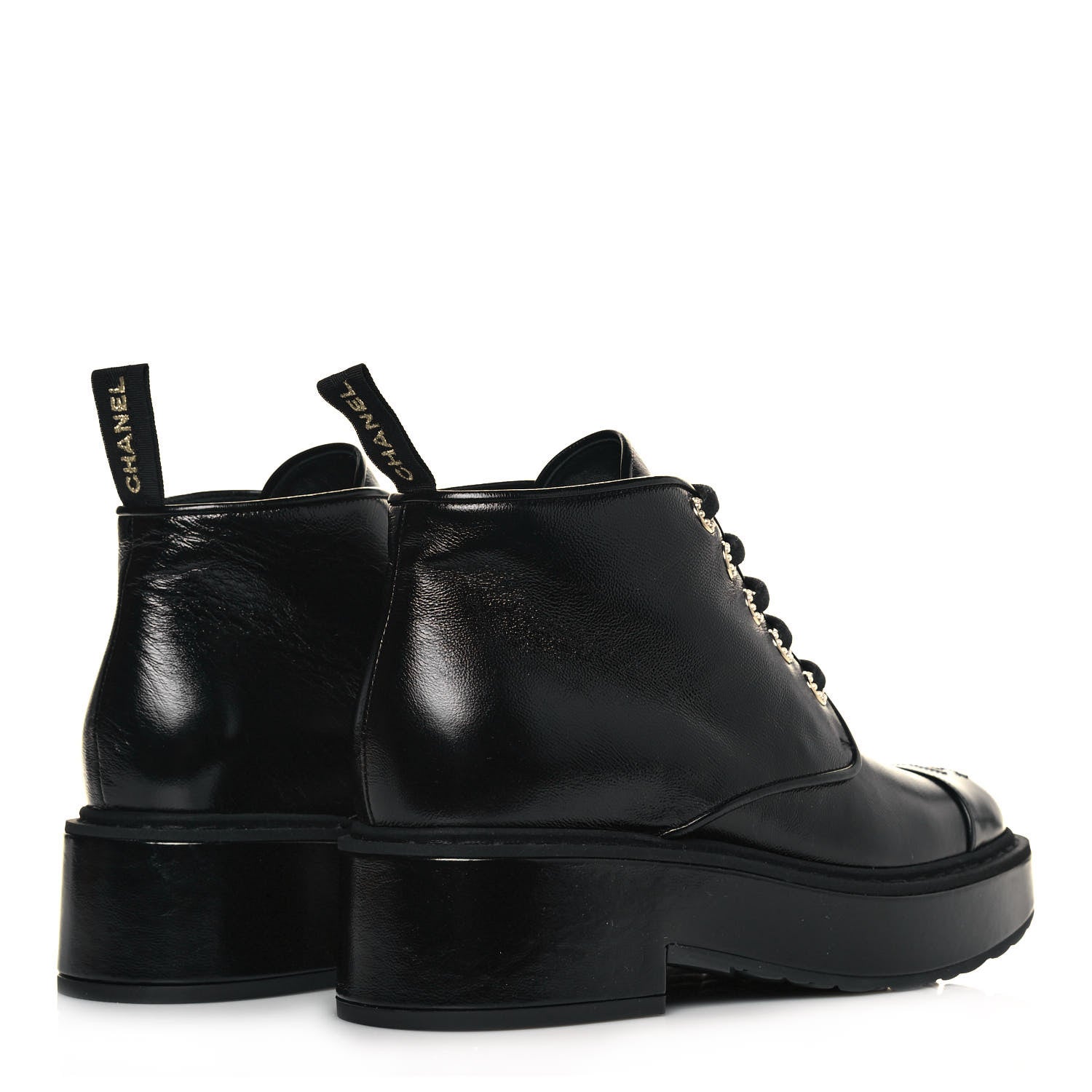 Chanel Shiny Calfskin Pearl Lace Up Combat Short Boots 39.5 Black 4 of 8