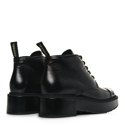 Chanel Shiny Calfskin Pearl Lace Up Combat Short Boots 39.5 Black 4 of 8