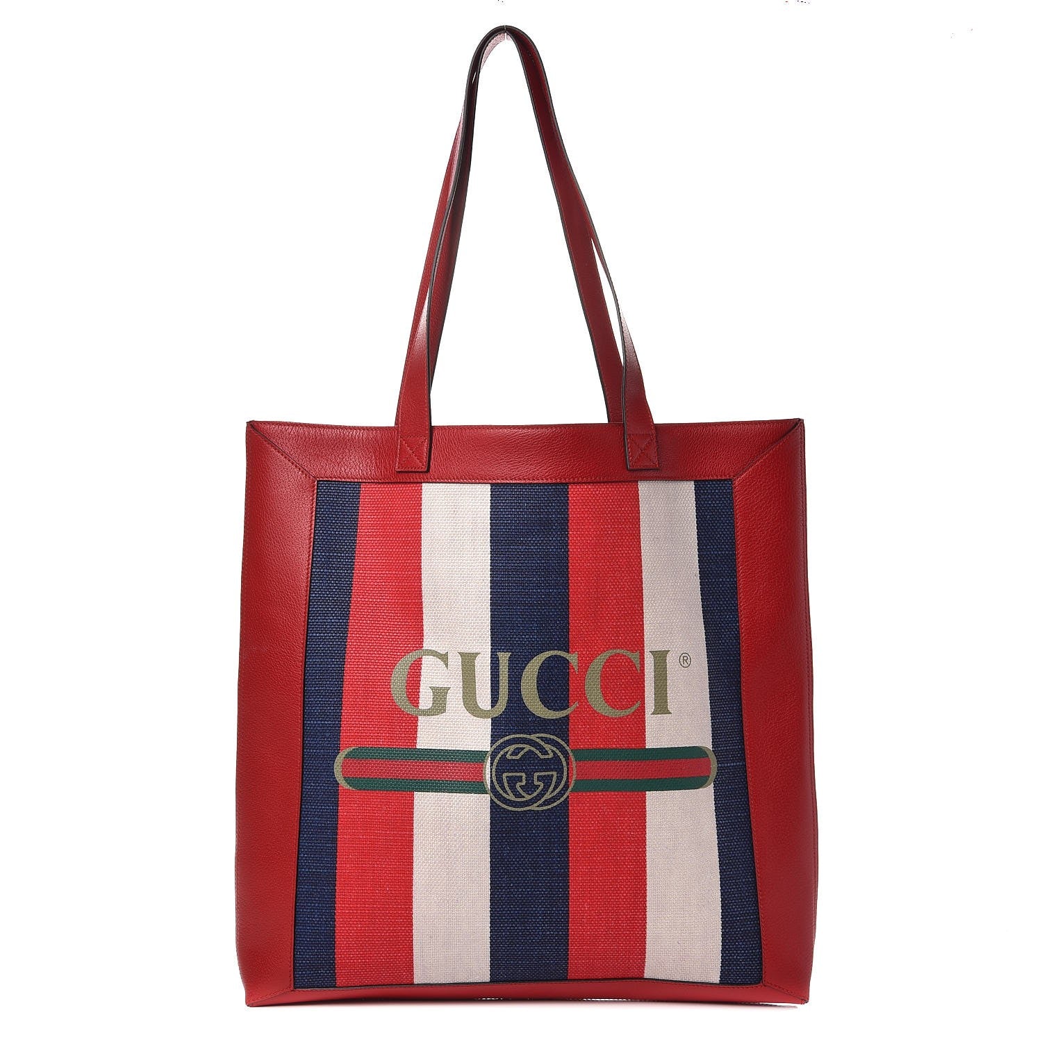 Gucci Canvas Calfskin Sylvie Stripe Logo Mens Tote Red White Blue 1 of 9