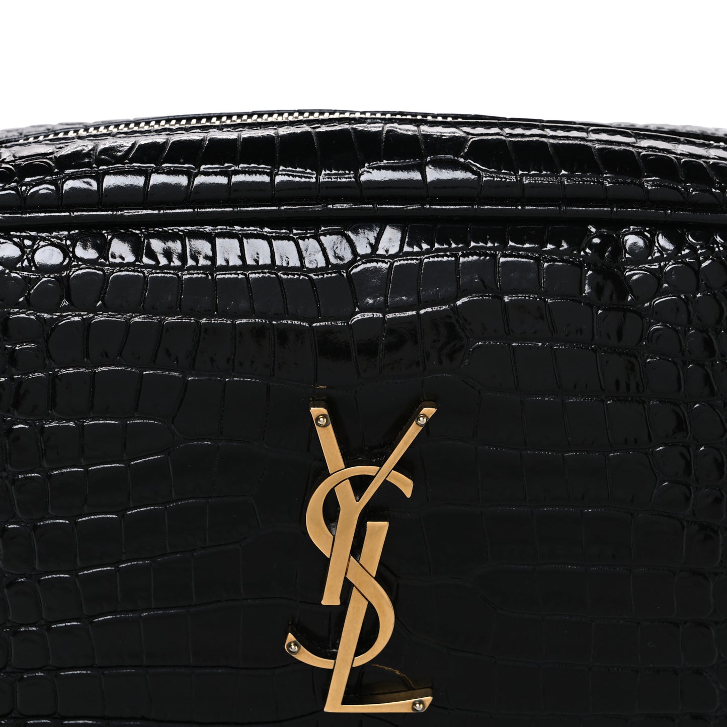 Patent Calfskin Crocodile Embossed Monogram Lou Camera Bag Black