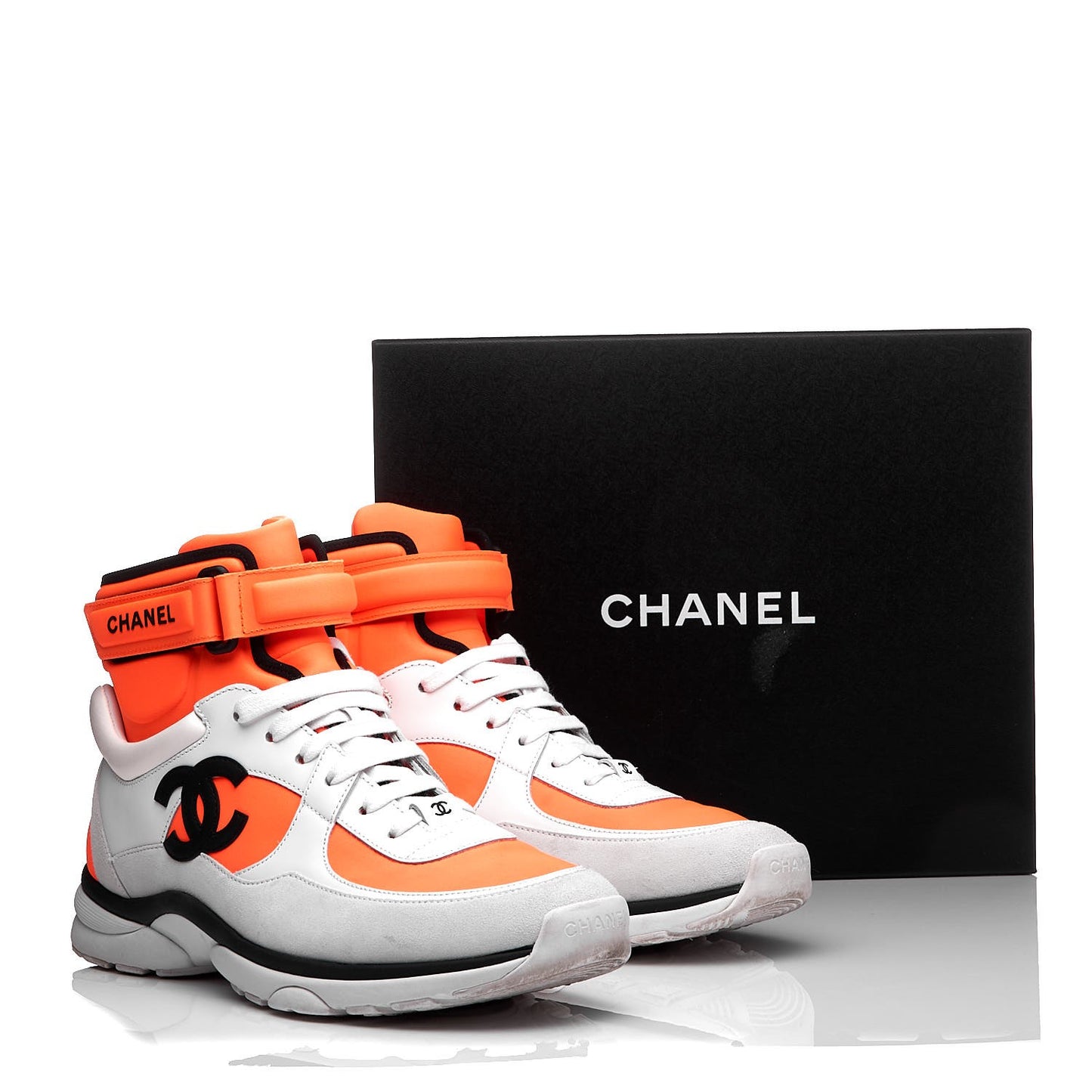 Suede Calfskin Lambskin Neoprene High Top CC Sneakers 40.5 White Fluo Orange