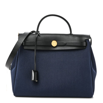 Hermes Military Toile Vache Hunter Herbag Zip Retourne 31 PM Bleu Marine Black 3 of 11