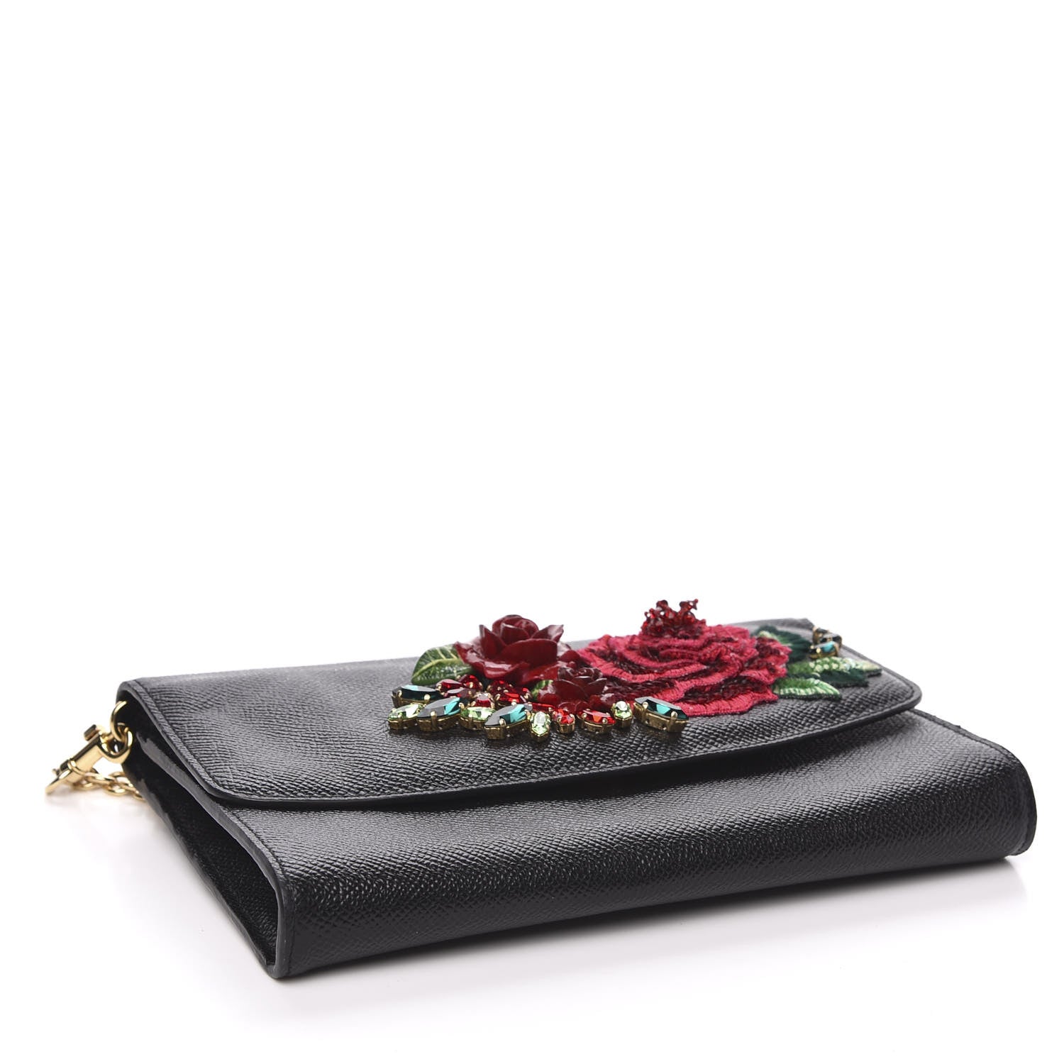 Dolce & Gabbana Dauphine Stampa Crystal Small Roses Wallet On Chain Black 4 of 9