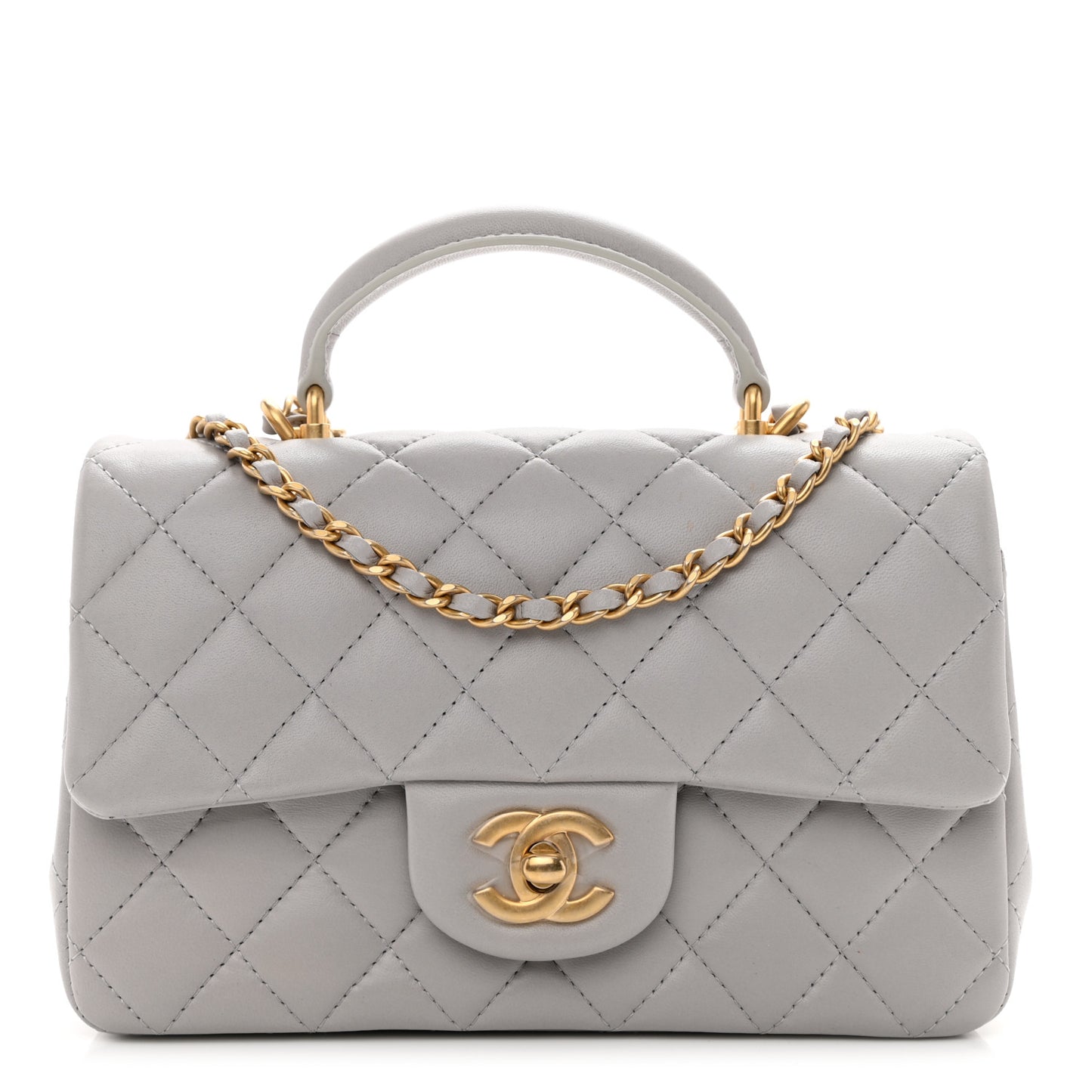 Lambskin Quilted Mini Top Handle Rectangular Flap Grey