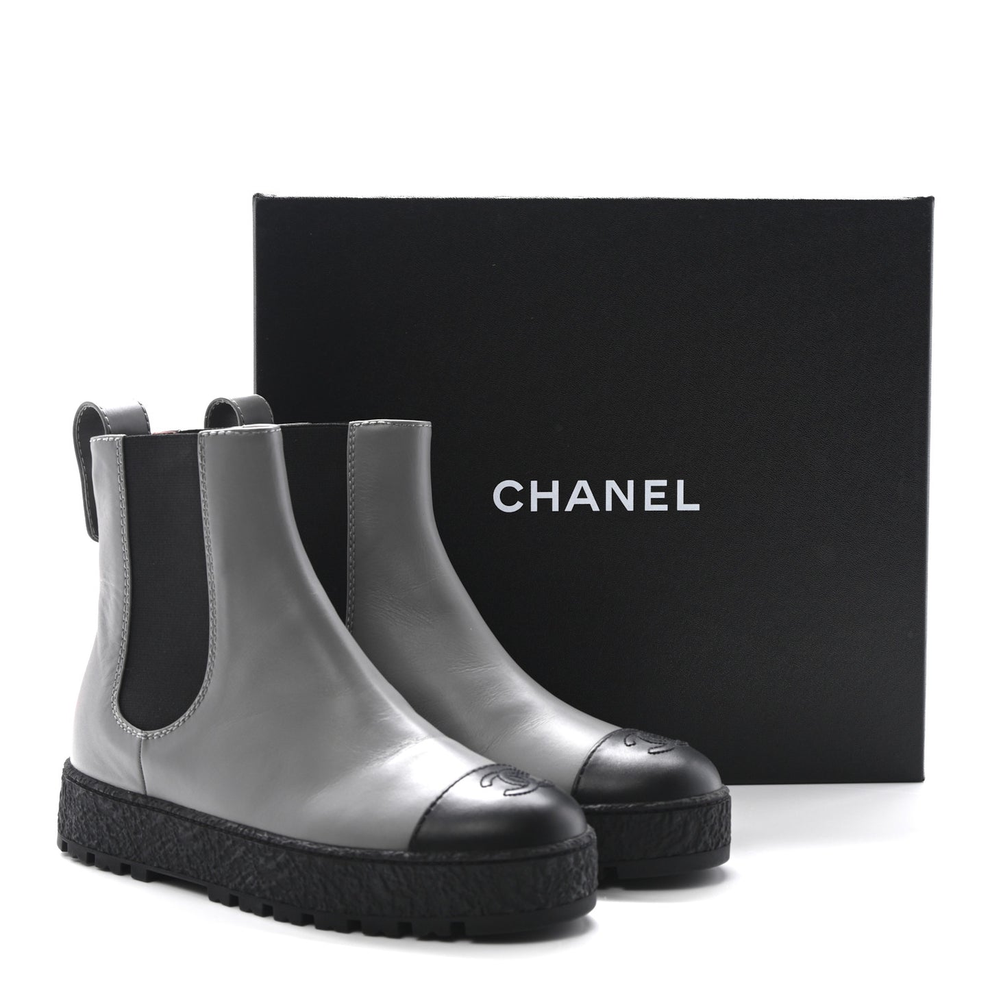 Calfskin Cap Toe CC Ankle Boots 38.5 Grey Black