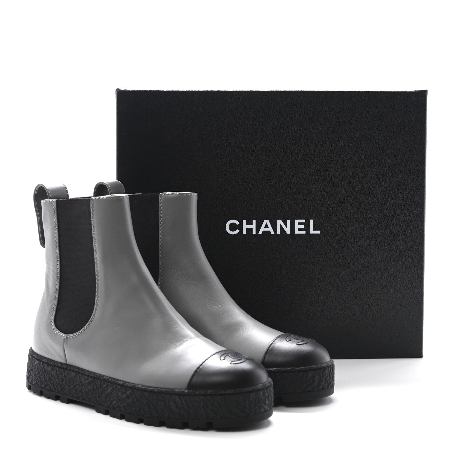 Chanel Calfskin Cap Toe CC Ankle Boots 38.5 Grey Black 10 of 10