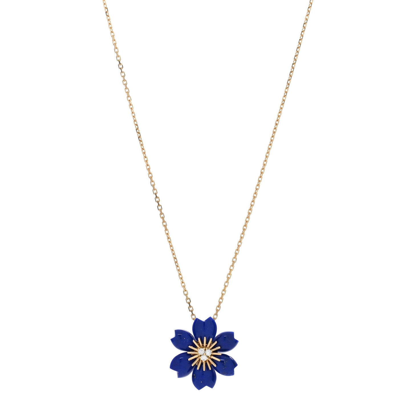 18K Yellow Gold Diamond Lapis Lazuli Mini Rose De Noel Pendant Necklace