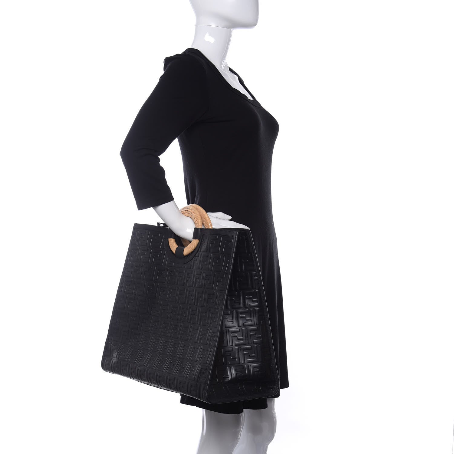 Fendi Vitello Century Wicker FF 1974 Embossed Large Runaway Shopper Tote Black 2 of 12