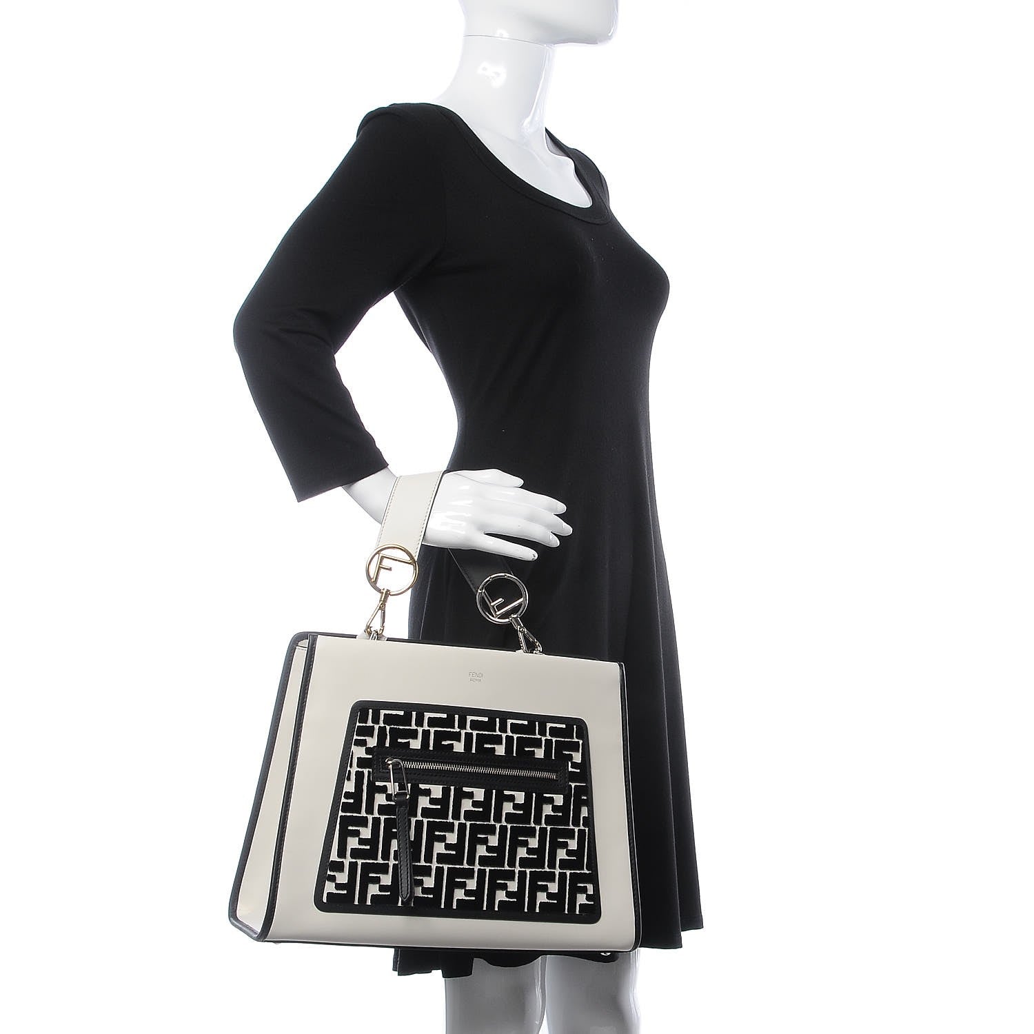 Fendi Vitello Century Velvet F is Fendi FF Embroidered Regular Runaway Satchel White Black 3 of 11
