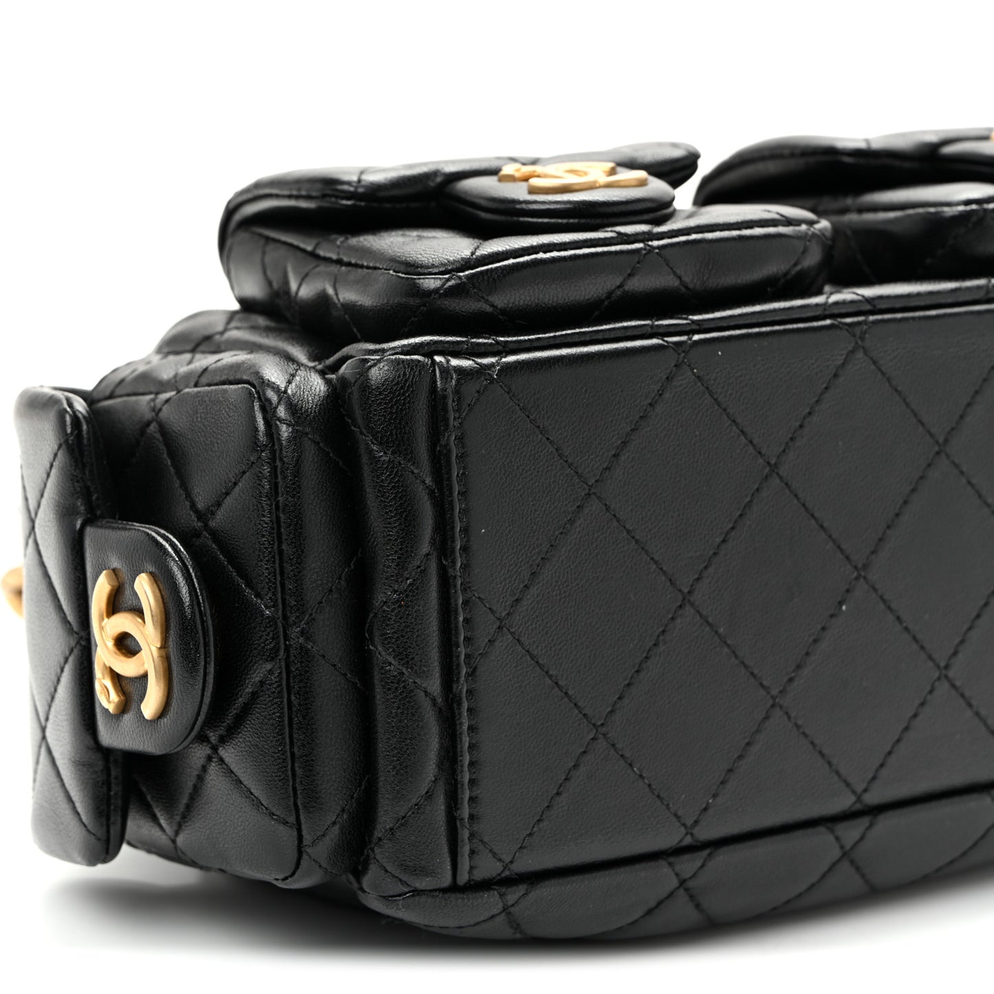 Shiny Lambskin Quilted Trendy Pockets Hobo Black