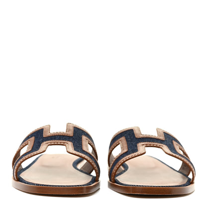 Hermes Calfskin Denim Oran Sandals 37 Bleu Brut Gold 2 of 10