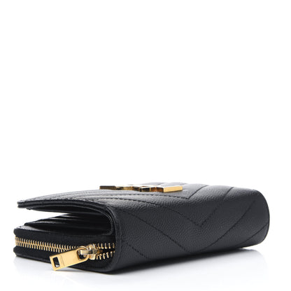 Saint Laurent Grain De Poudre Matelasse Chevron Monogram Compact Zip Around Wallet Black 3 of 5