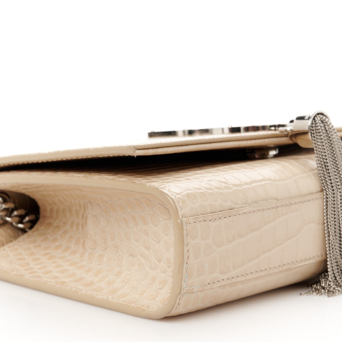 Calfskin Crocodile Embossed Small Classic Monogram Kate Tassel Satchel Nude Powder