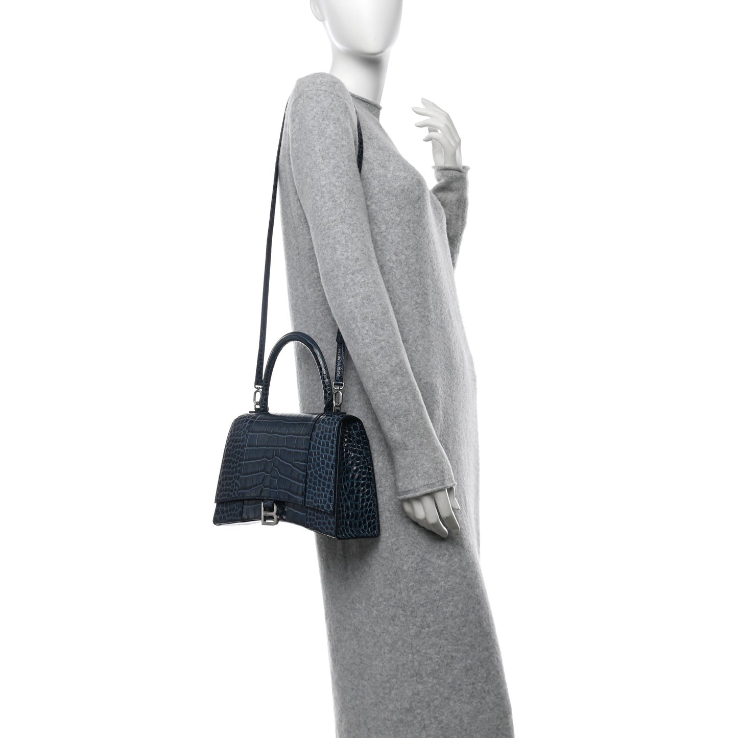 Shiny Calfskin Crocodile Embossed Medium Hourglass Top Handle Bag Denim Blue