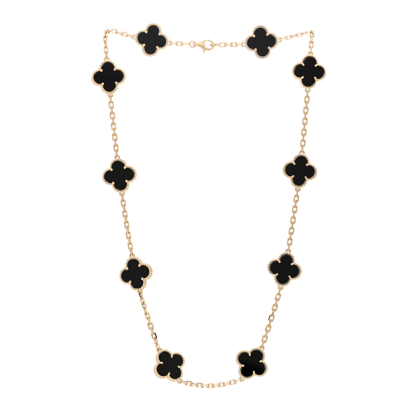 18K Yellow Gold Black Onyx 10 Motifs Vintage Alhambra Necklace