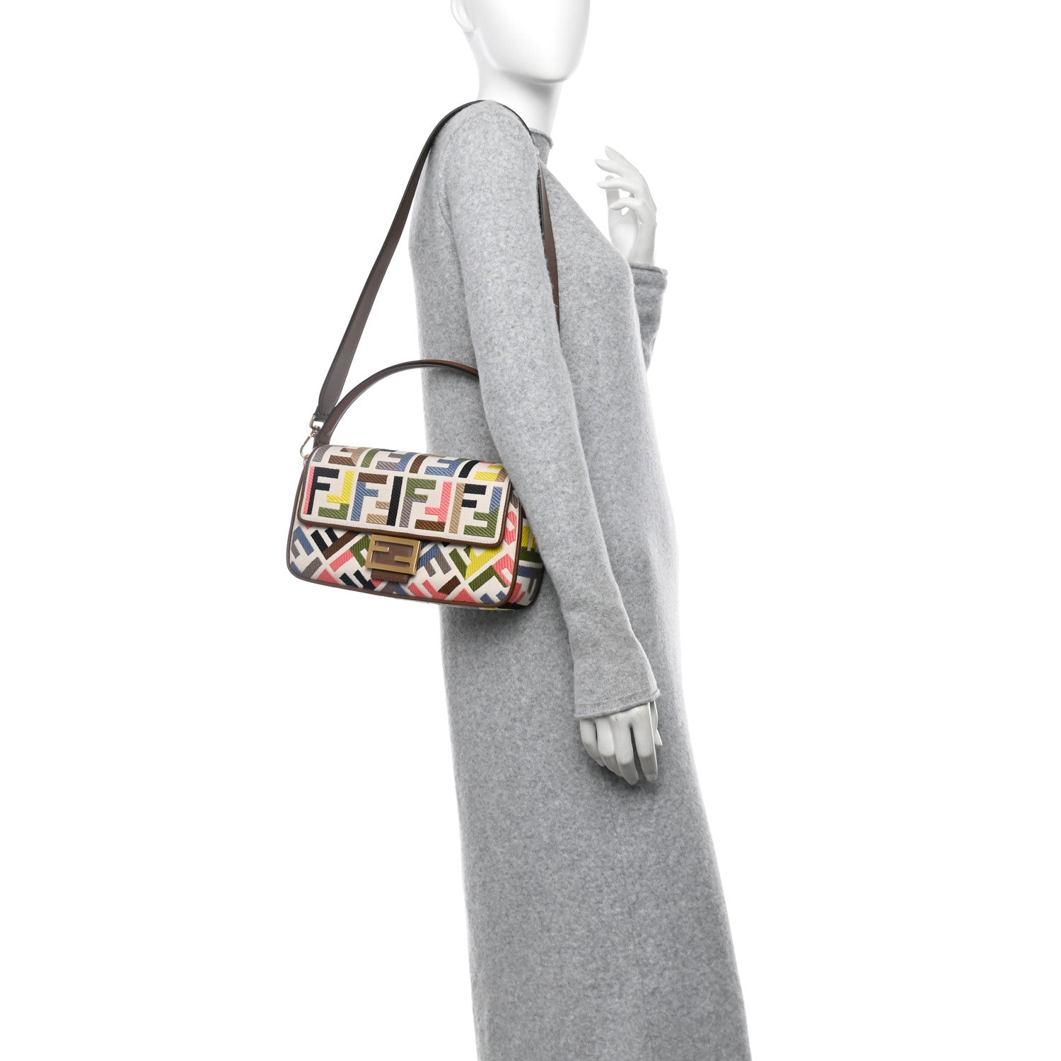 Fendi Canvas Ricamo Vitello King FF Multicolor Embroidered Baguette Grezzo Multicolor Gianduia 2 of 10