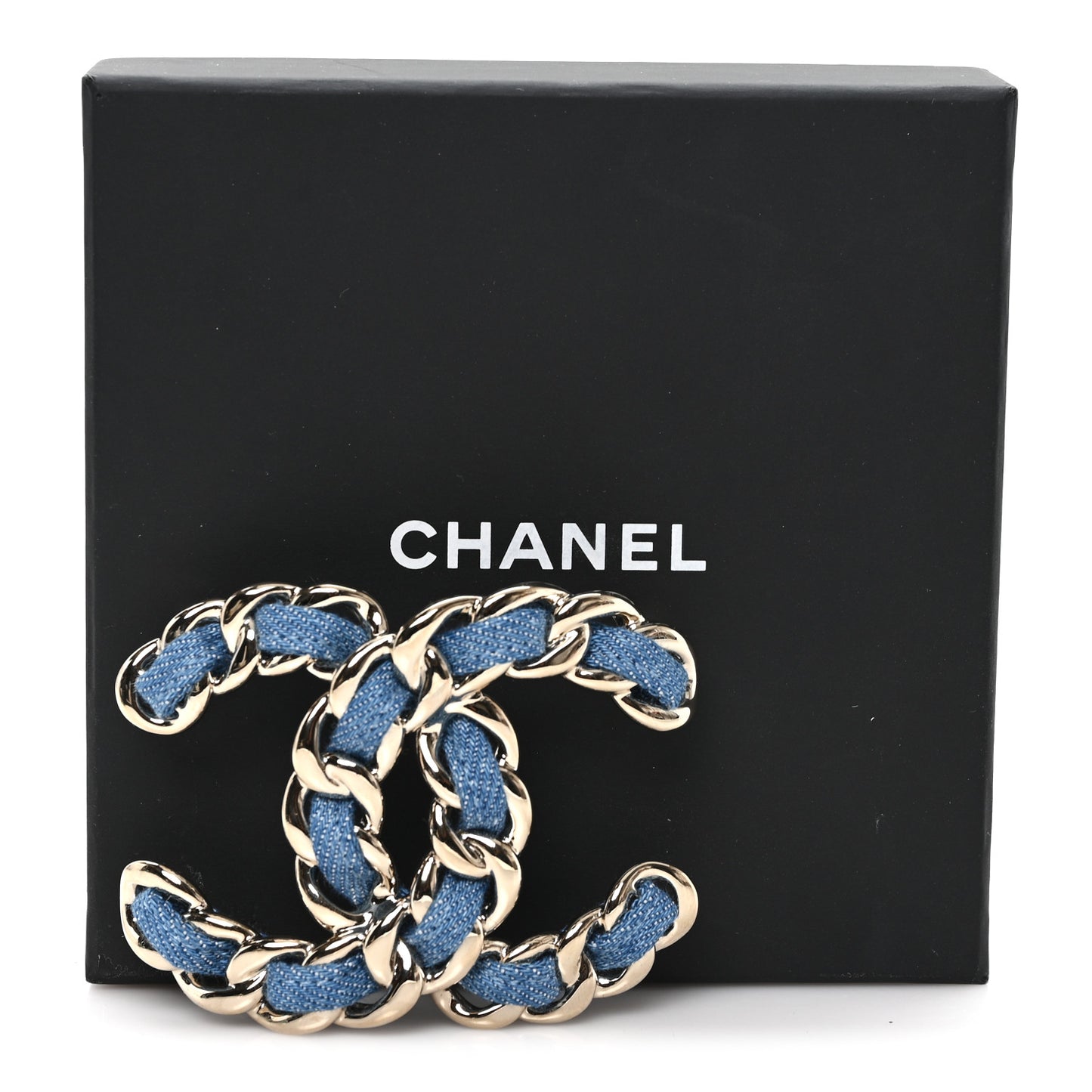 Metal Denim Braided CC Brooch Blue Gold