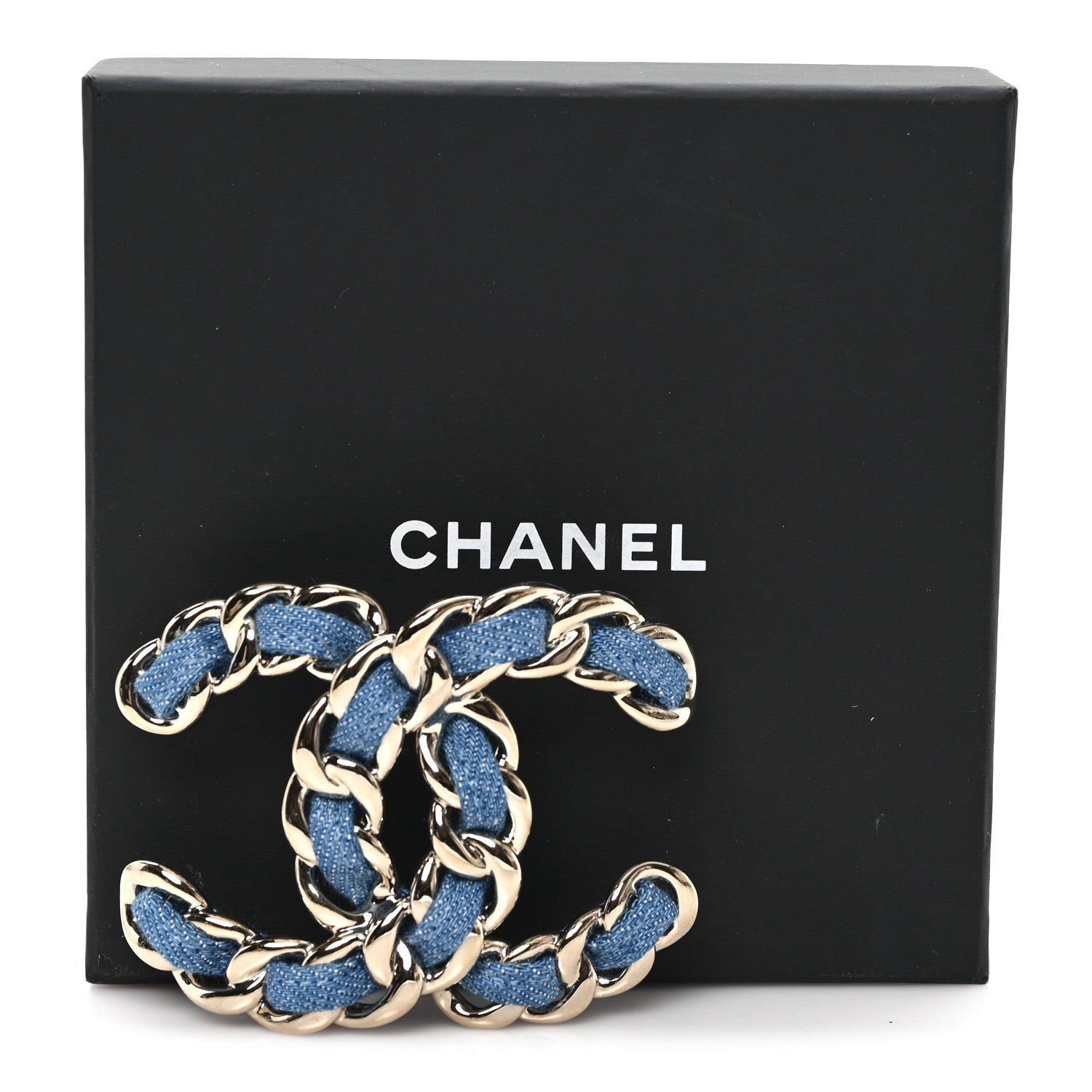 Chanel Metal Denim Braided CC Brooch Blue Gold 4 of 4
