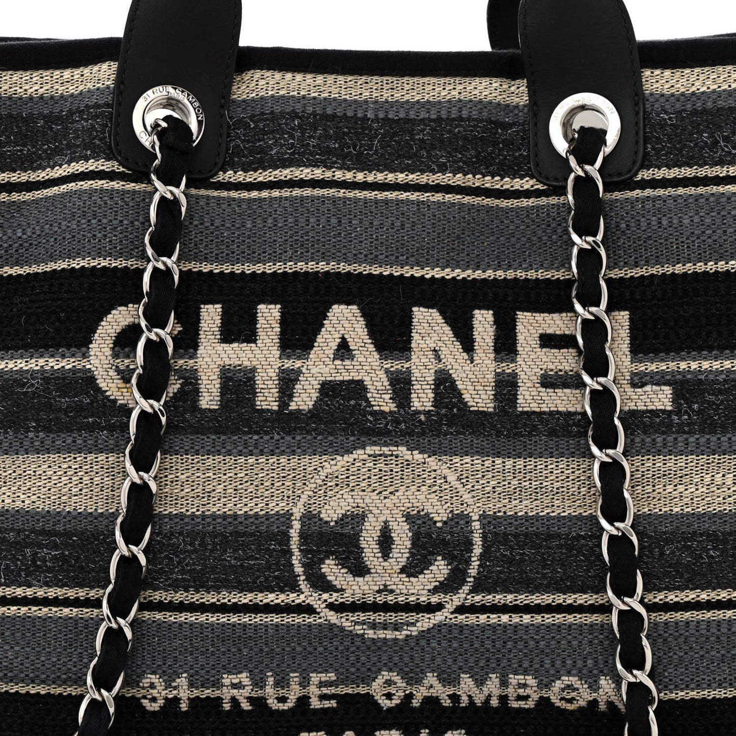Striped Canvas Medium Deauville Tote Black