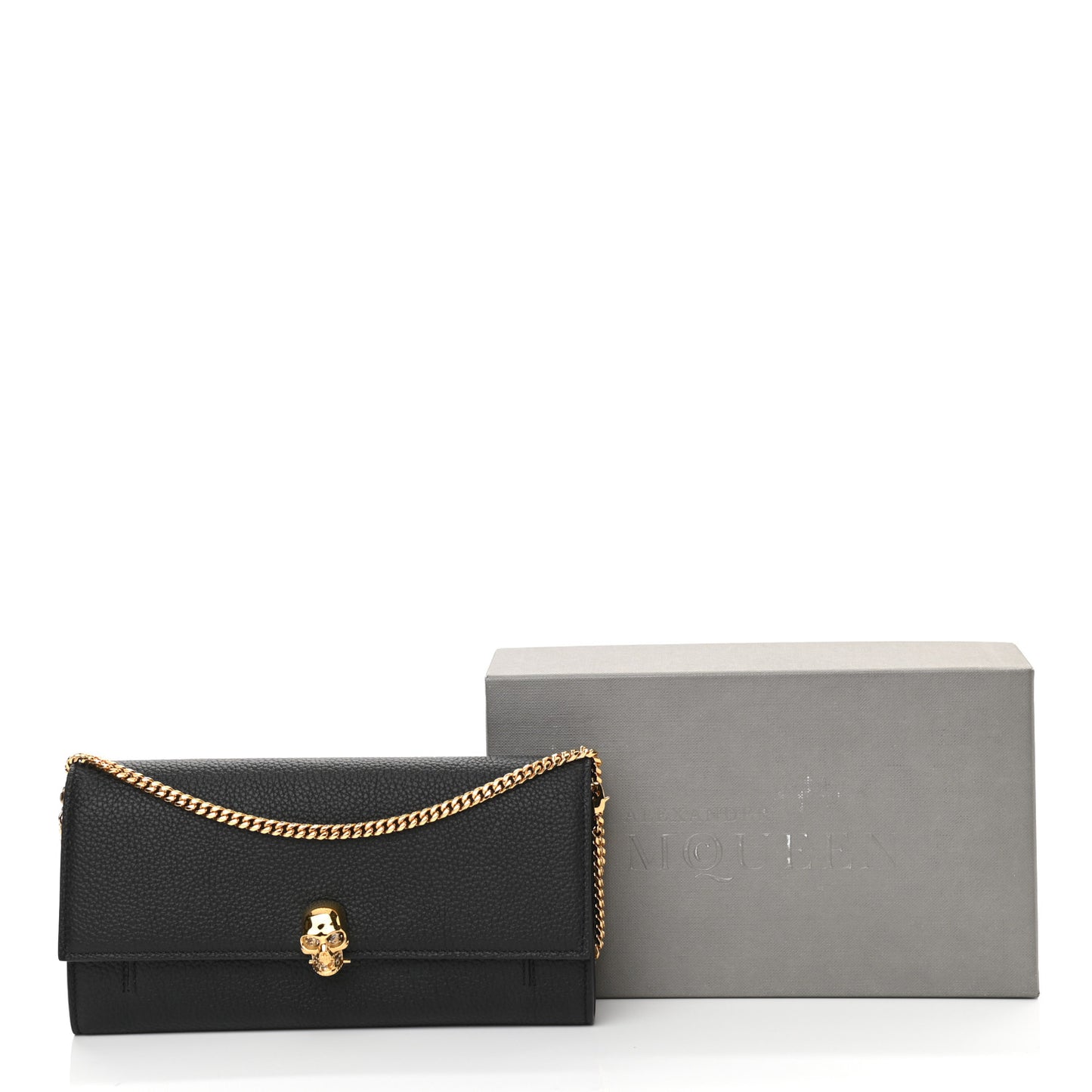 Pebbled Calfskin Skull Wallet on Chain Black