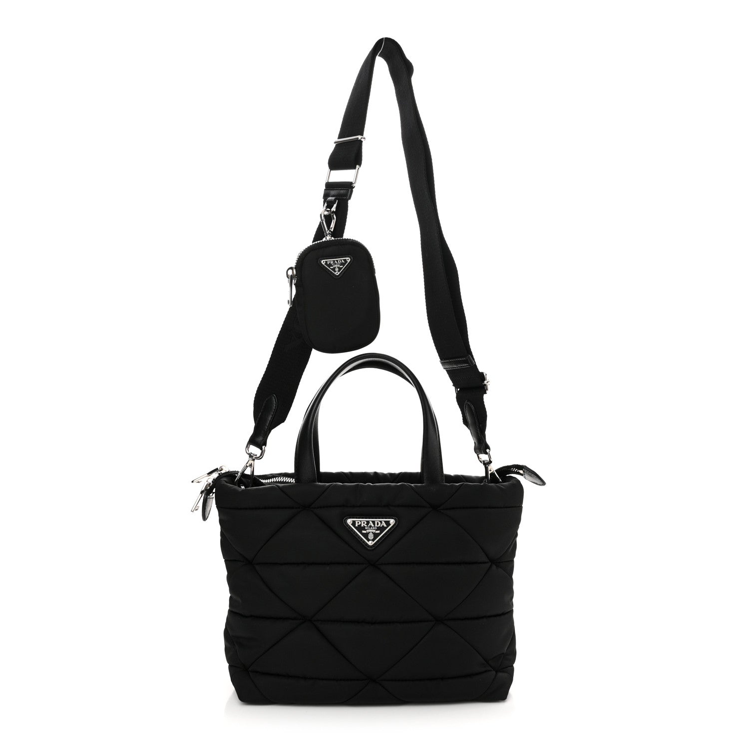 Prada Re-Nylon Nappa Triangle Quilted Padded Double Handled Zip Pocket Tote Black 1 of 10