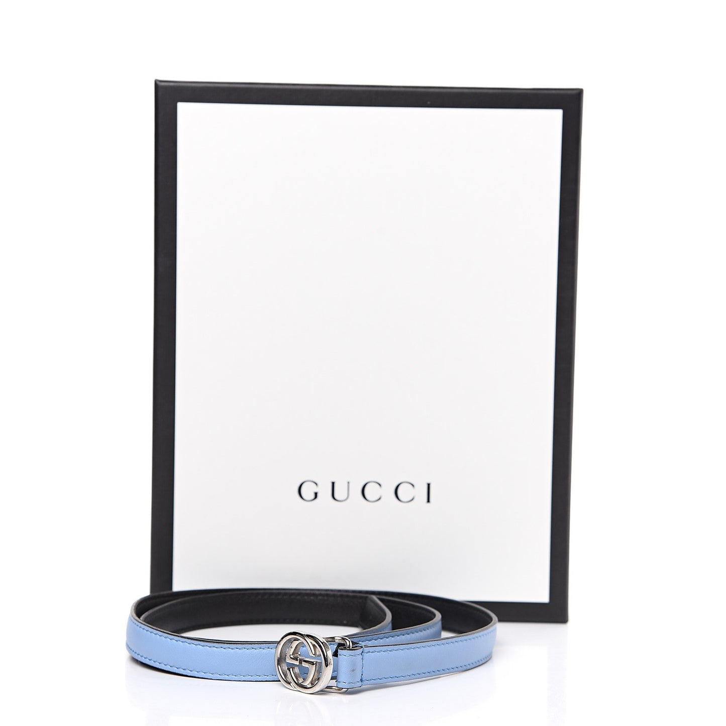 Moon Calfskin Nickel Interlocking G 20mm Belt 85 34 Porcelain Light Blue