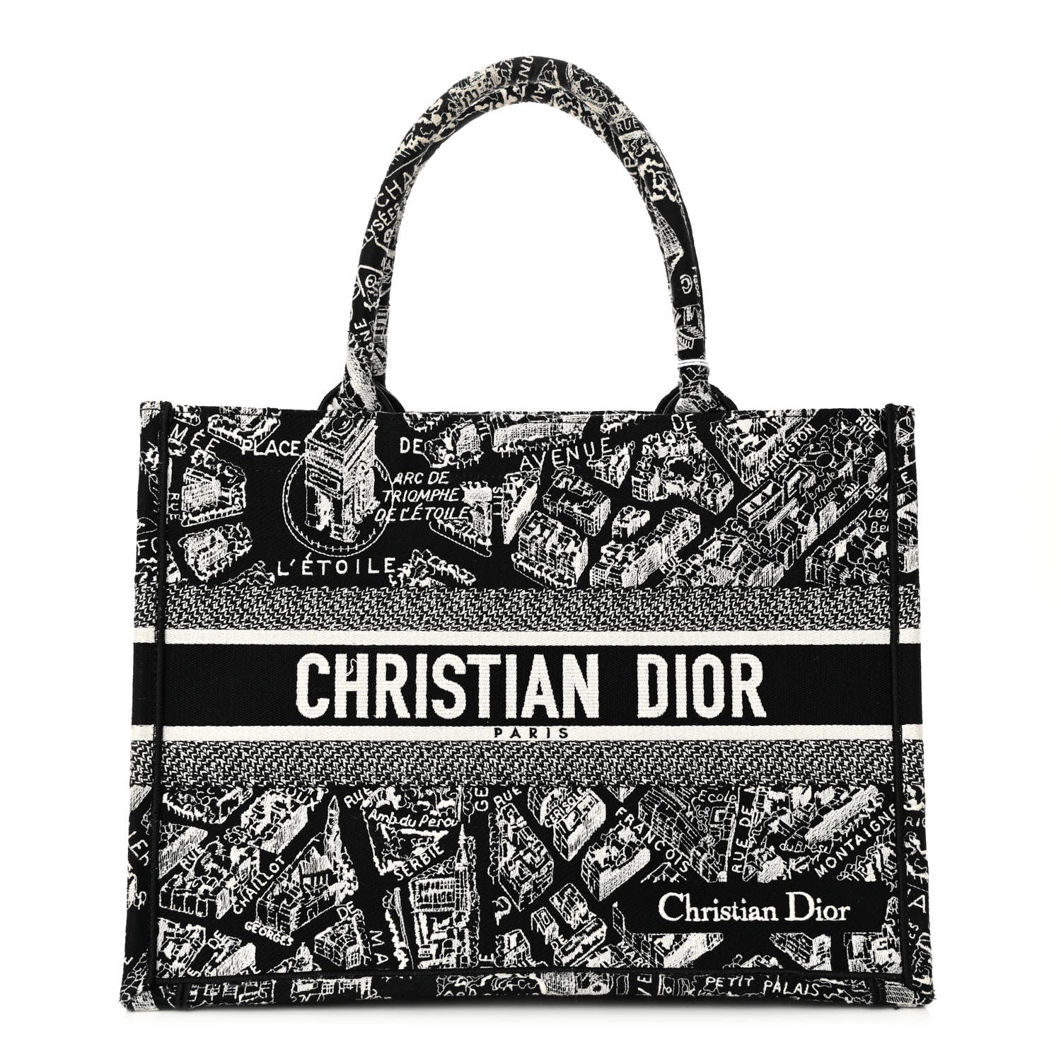 Christian Dior Canvas Embroidered Medium Plan De Paris Book Tote Black White 1 of 10