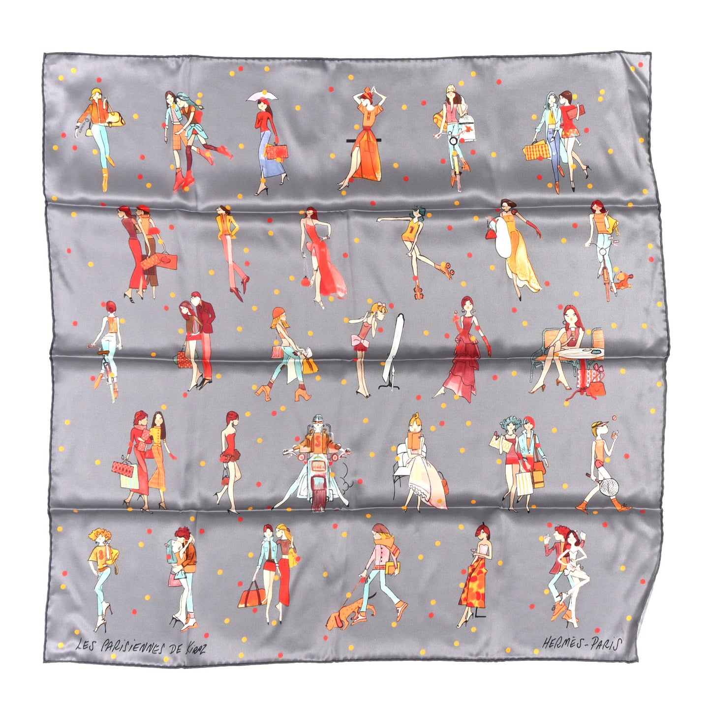 Silk Ex-Libris les Parisiennes Scarf 70 Gris Cendre Corail Orange