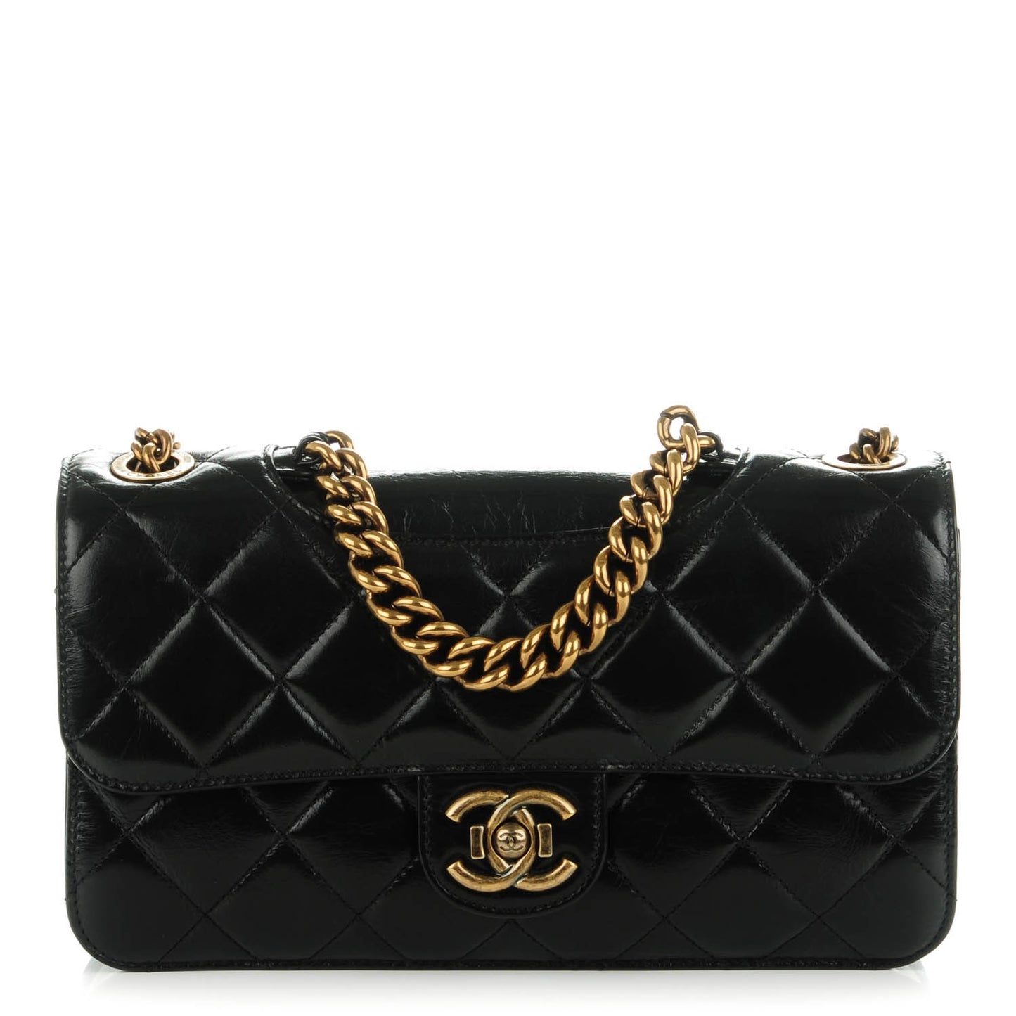 Glazed Calfskin Quilted Medium Perfect Edge Flap Black