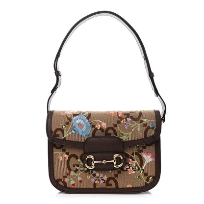 Gucci Monogram Jumbo GG Textured Dollar Calfskin Embroidered Horsebit 1955 Shoulder Bag Camel Ebony New Acero Multicolor 1 of 11