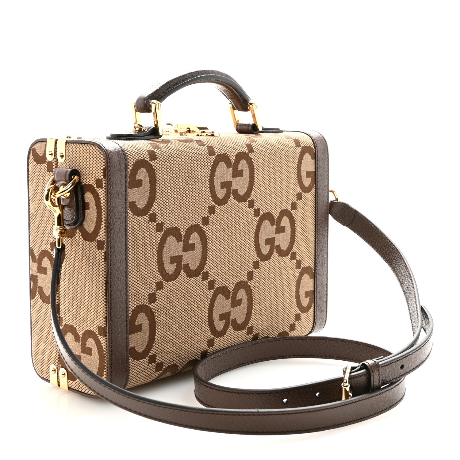 Gucci Monogram Jumbo GG Textured Dollar Calfskin Top Handle Beauty Case Camel Ebony New Acero 3 of 9