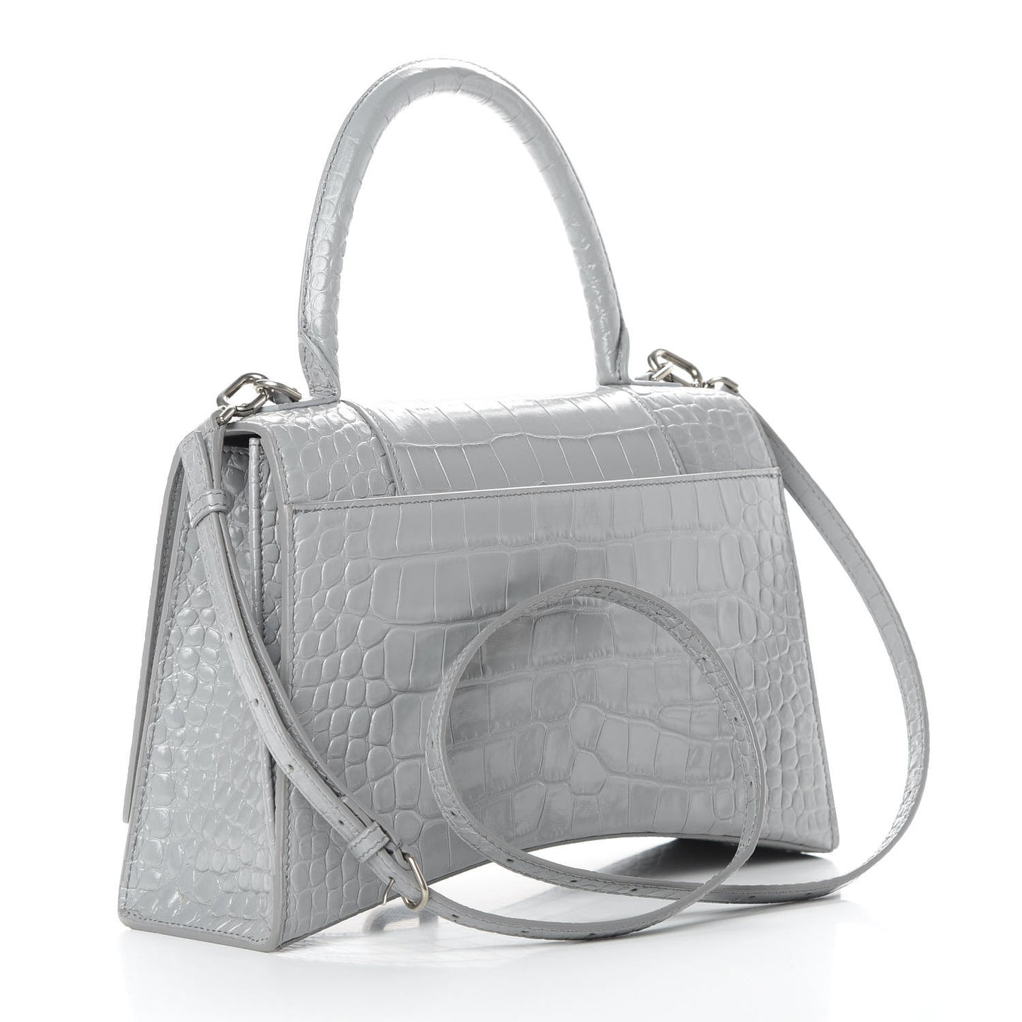 Shiny Calfskin Crocodile Embossed Medium Hourglass Top Handle Bag Balenciaga Grey