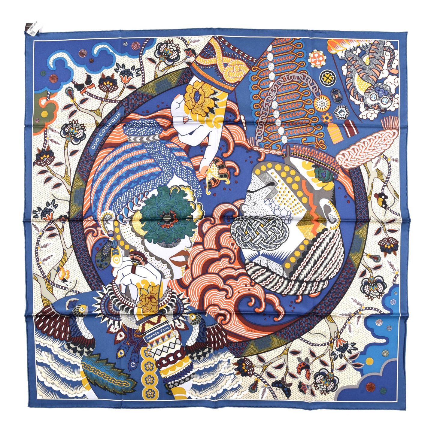 Silk Twill Duo Cosmique Scarf 90 Bleu Moyen Vert Ocre