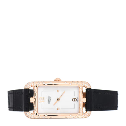 Hermes 18K Rose Gold Alligator Diamond Mother of Pearl 20mm Nantucket Quartz Watch Noir 2 of 5