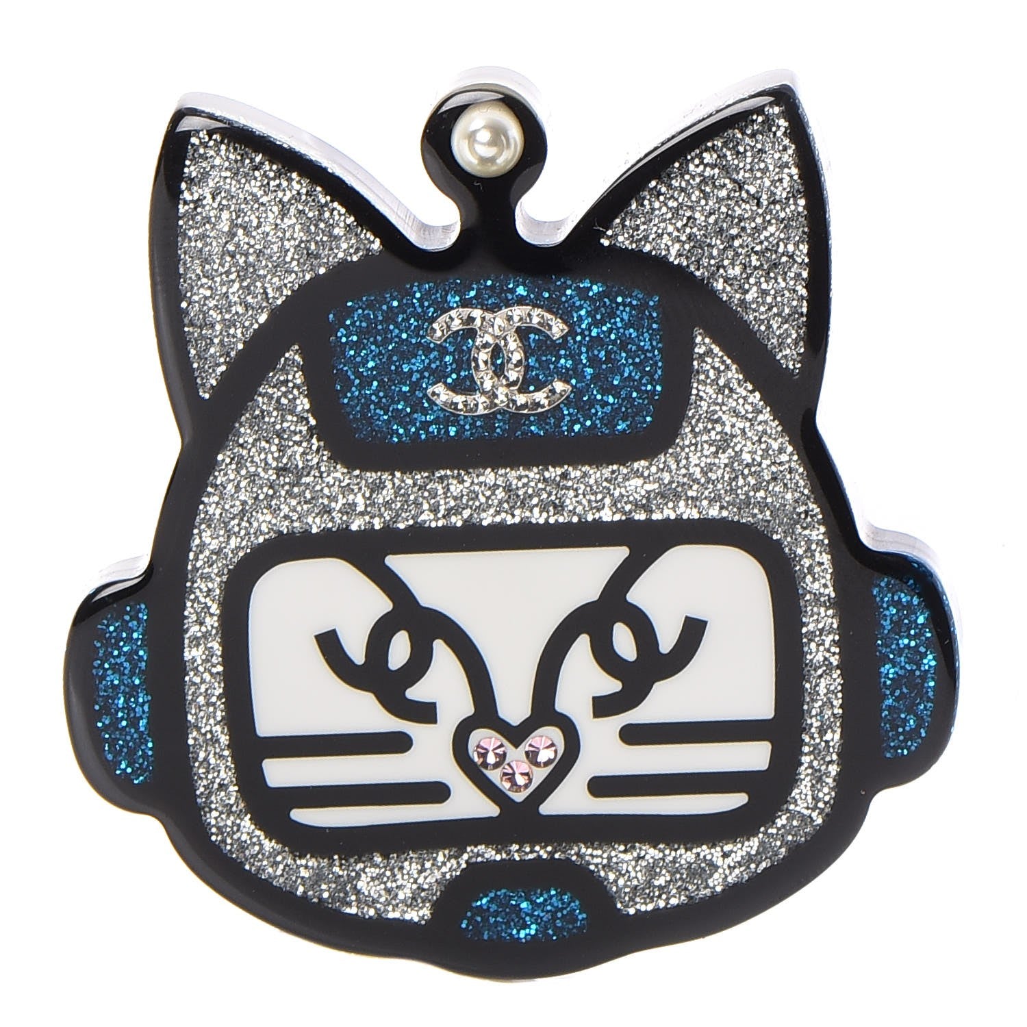 Chanel Resin Emoji Robot Cat Brooch Black Blue Silver 1 of 5