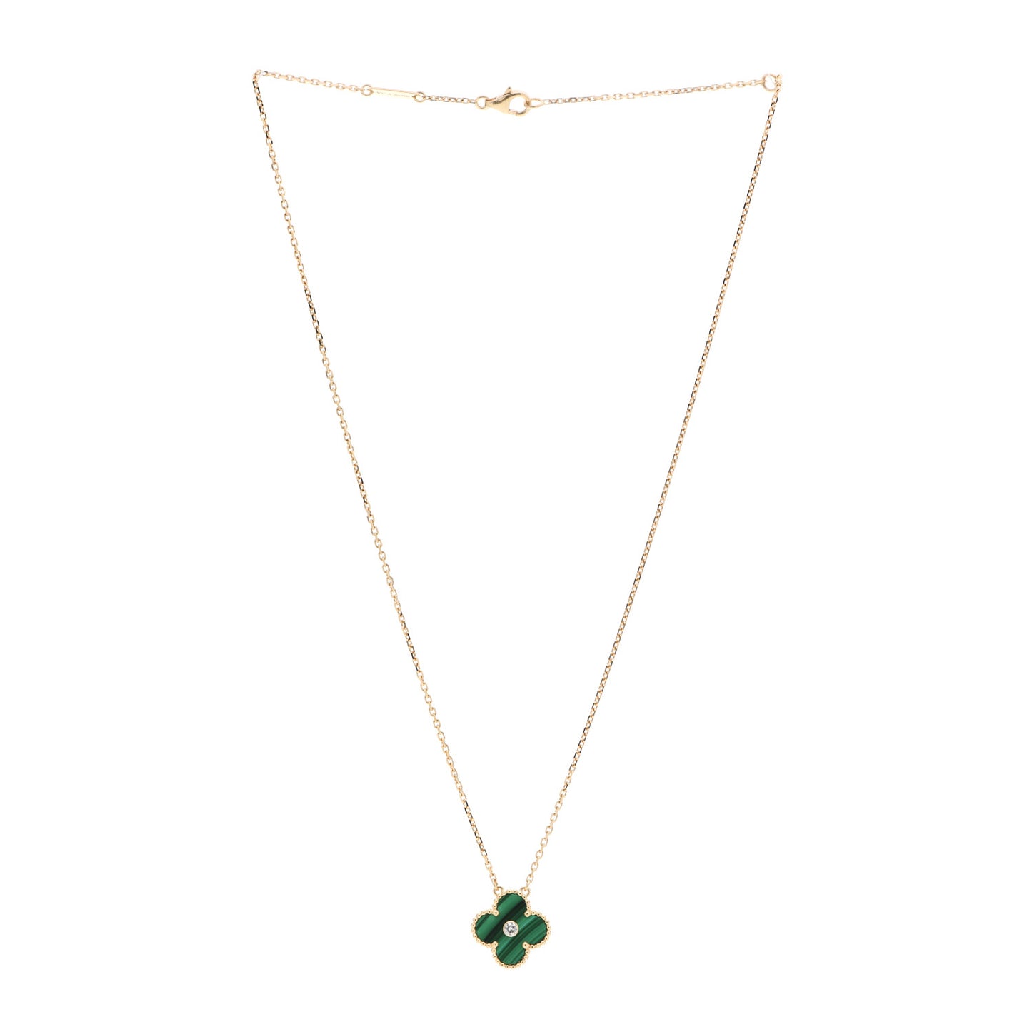 18K Yellow Gold Diamond Malachite Vintage Alhambra Pendant Necklace
