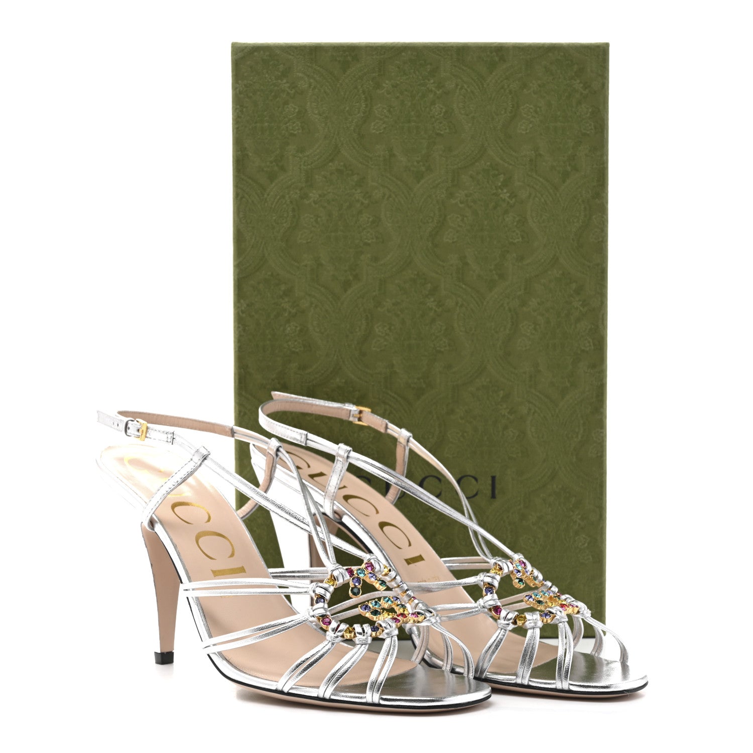 Gucci Metallic Nappa Silk Crystal GG Isa Ankle Strap Mid Heel Sandals 39.5 Silver 10 of 10