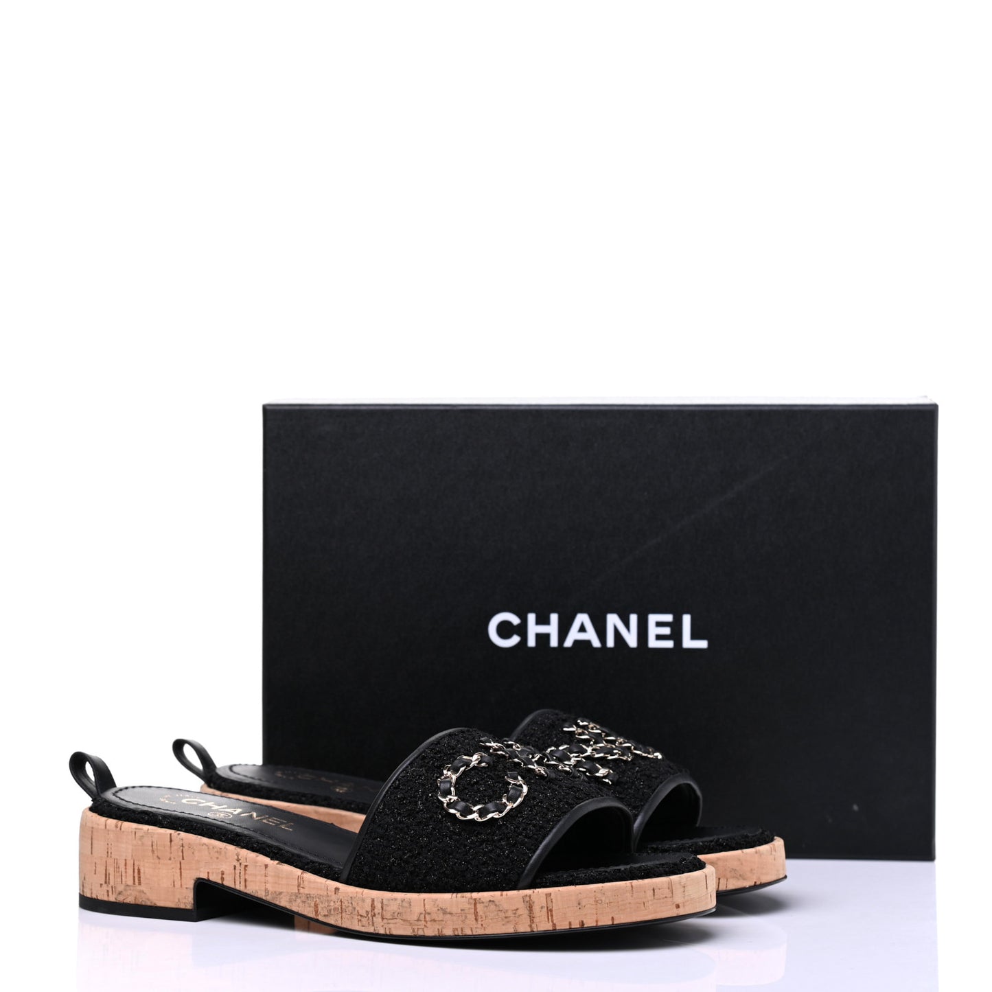 Tweed Cork CC Chain Mule Sandal 39.5 Black