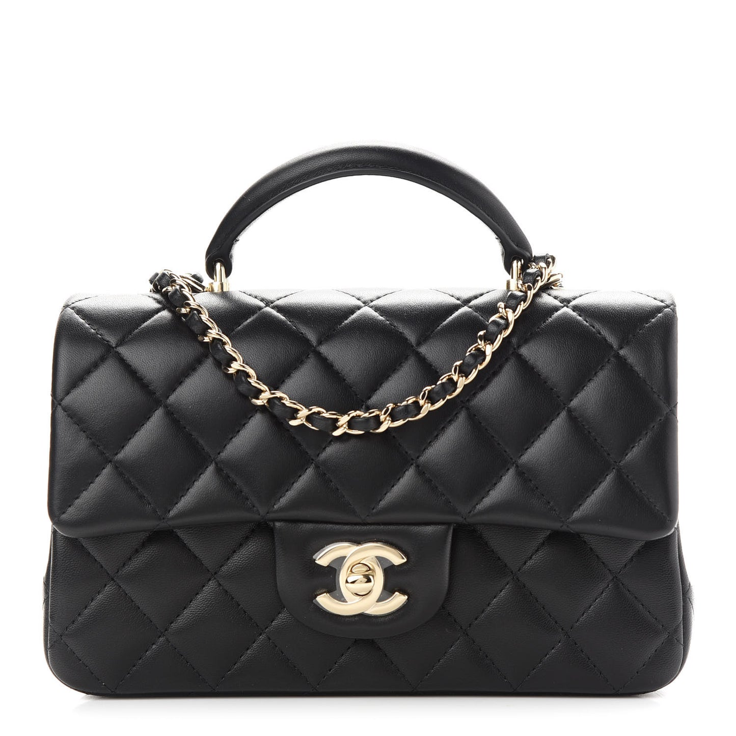Lambskin Quilted Mini Top Handle Rectangular Flap Black