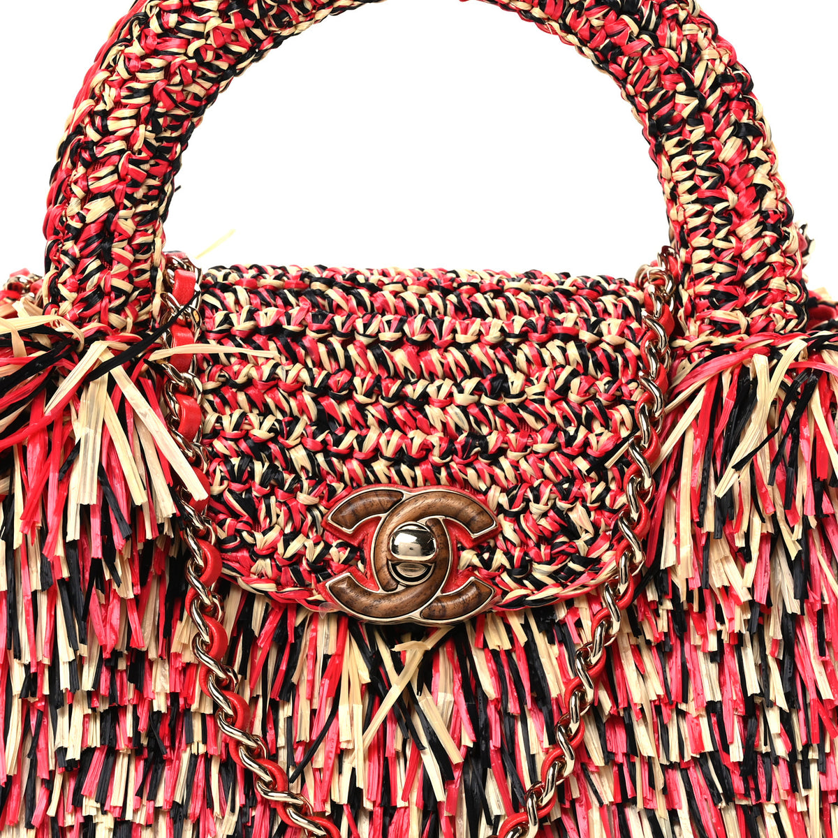 Chanel Raffia Fringe Nano Kelly Shopper Red Beige Black 8 of 11