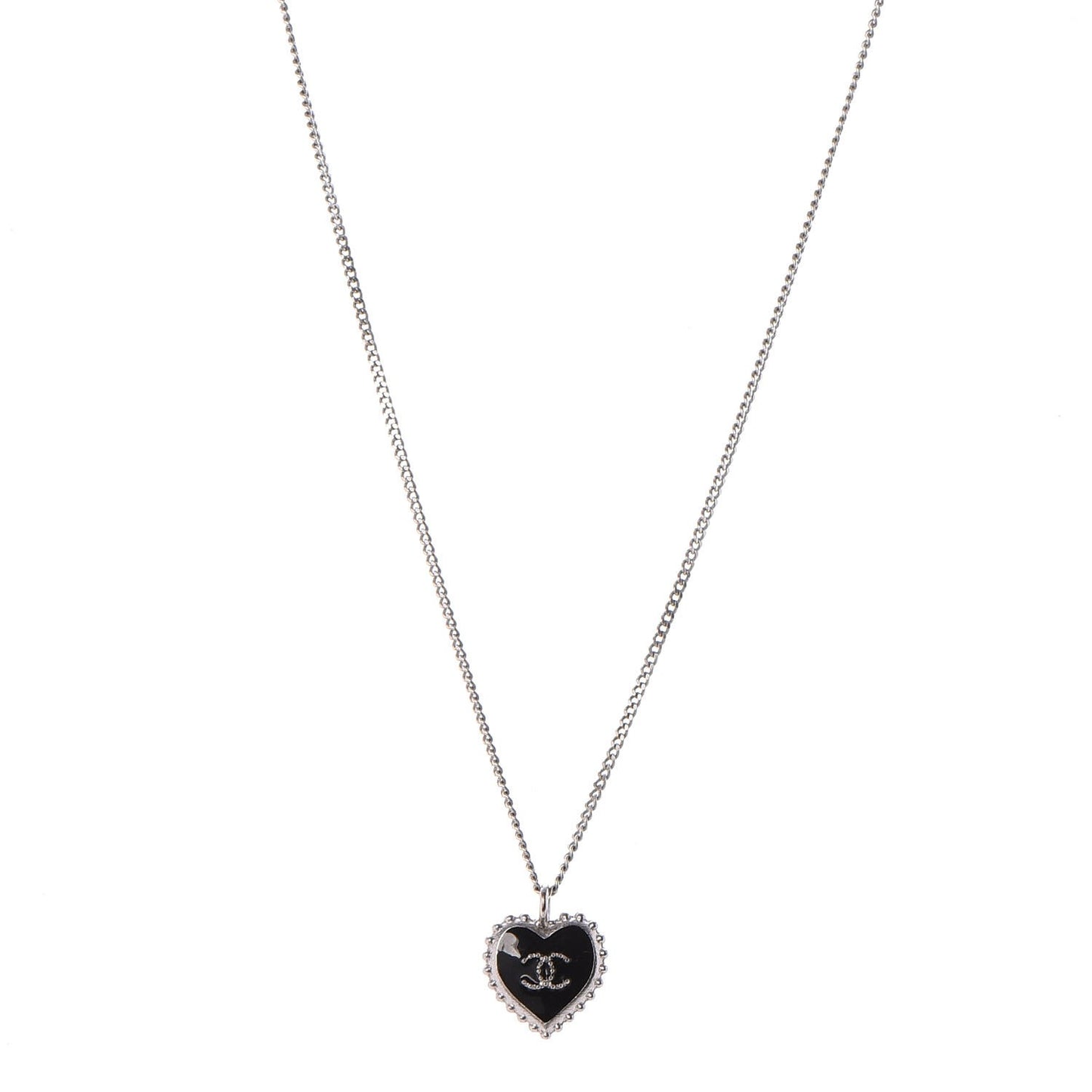Enamel Heart CC Charm Necklace Black Silver