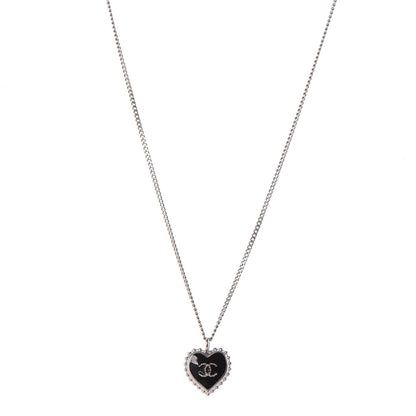 Chanel Enamel Heart CC Charm Necklace Black Silver 1 of 5