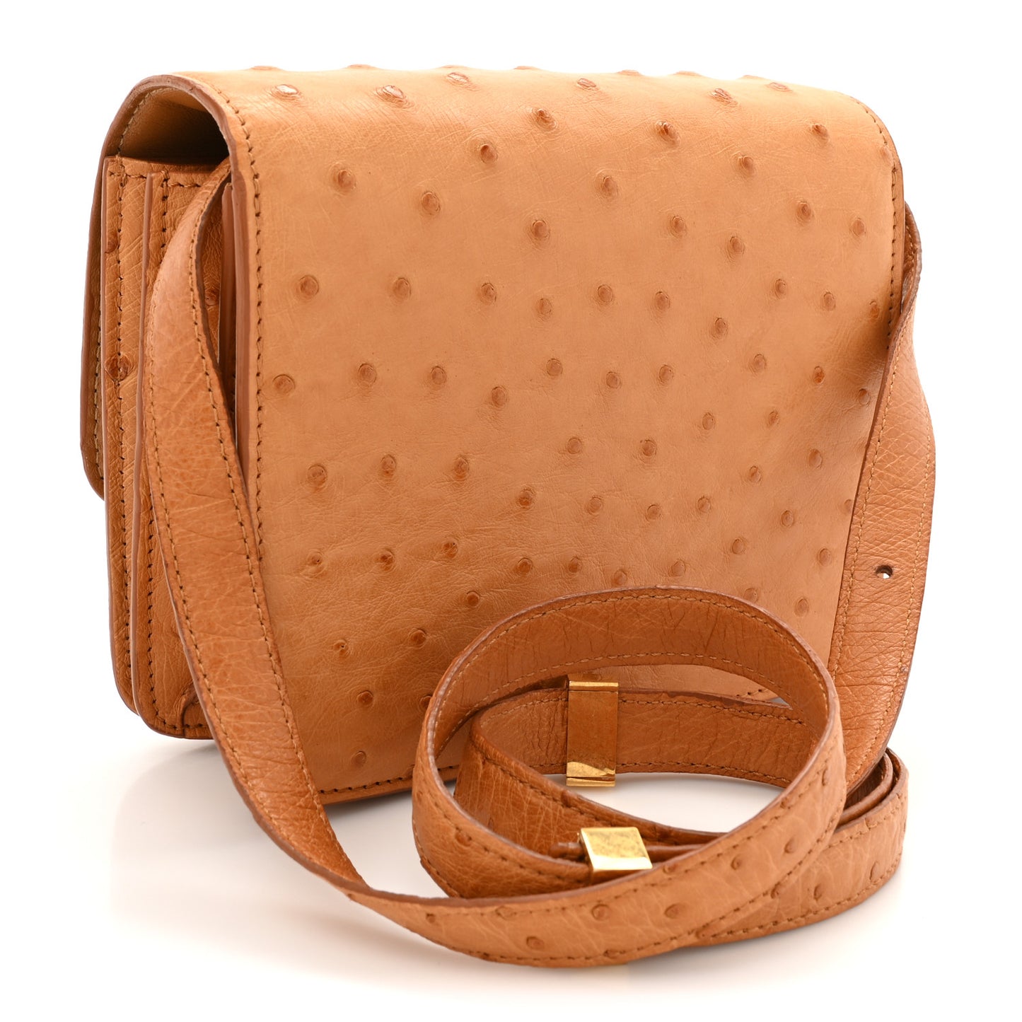 Ostrich Small Classic Box Flap Bag Camel